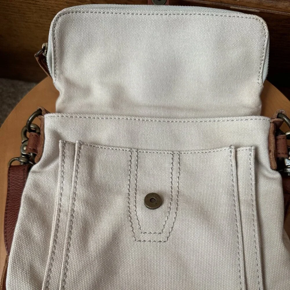 J. Jill Natural White Canvas w/Brown Leather Trim Crossbody Bag - Picture 6 of 15